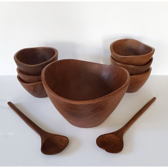 Vtg 60's Dolphin R.H. Macy & Co Thai Teakwood Salad Bowl Set 6 Bowls & Servers - Picture 15 of 15